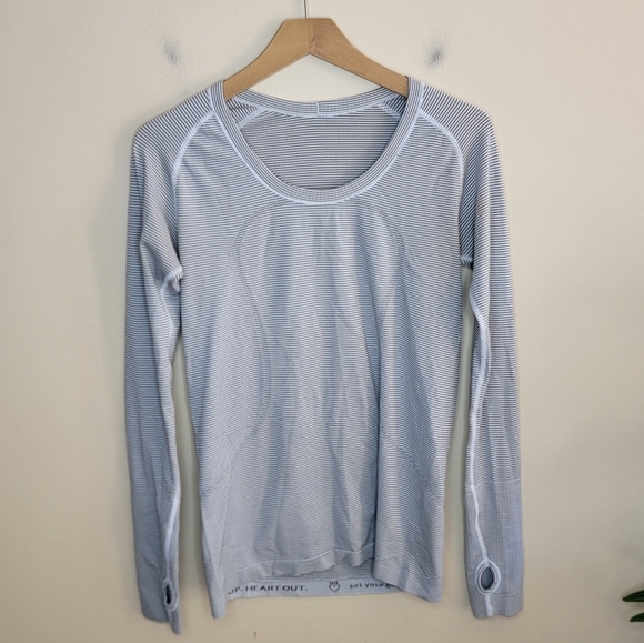 Lululemon | Swiftly Tech Black & White Stripe Long Sleeve Crew Top Thumbholes - Picture 1 of 6